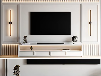 Modern Living Room TV Stand With Wall Mounted TV White Cabinets And Decorative Items 3d model