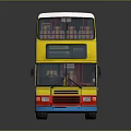 Yellow Double Decker Bus Model with Red Blue Stripes White Roof Red Wheels and Reflection