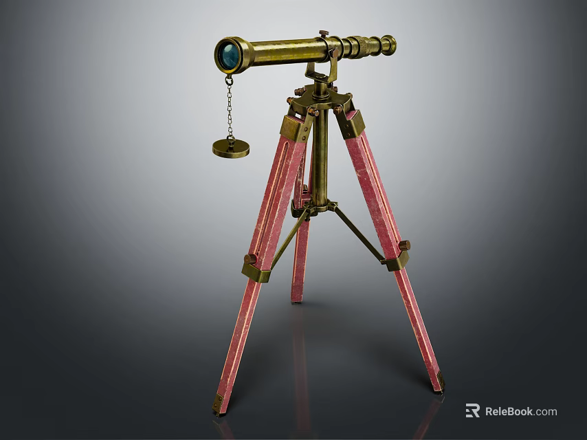 Brass Telescope Commercial Equipment With Red Leg Tripod and Hanging Metal Disc 3d model 