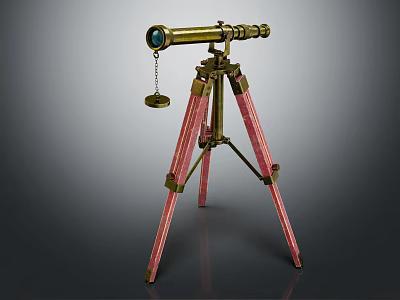 Brass Telescope Commercial Equipment With Red Leg Tripod and Hanging Metal Disc 3d model