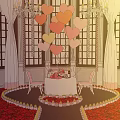 Elegant Banquet Hall With Chandeliers Large Windows Red Carpet Central Table And Heart Decorations