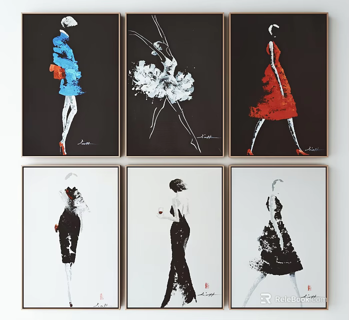 Modern Fashion Figure Paintings Featuring Stylish Female Silhouettes And Colorful Dresses 3d model 