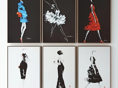 Modern Fashion Figure Paintings Featuring Stylish Female Silhouettes And Colorful Dresses 3d model