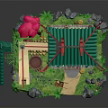 Cartoon Style Chinese Traditional Building Scene with Green Roof Red Decorations Bamboo Rocks and Plants