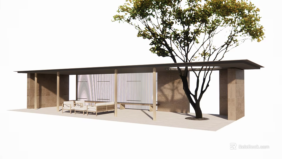 Modern Outdoor Pergola Design With Wooden Columns White Seats And Shady Tree 3d model 