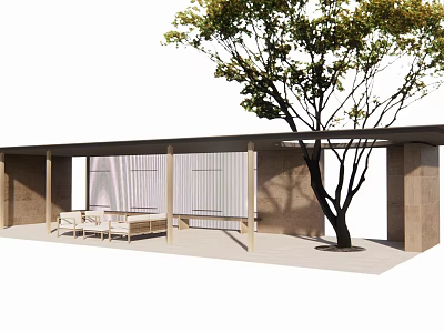 Modern Outdoor Pergola Design With Wooden Columns White Seats And Shady Tree 3d model