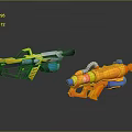 Toy Water Guns Yellow And Orange With Blue Components On Black Background Reflective Surface Design