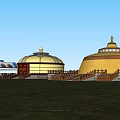 Traditional Round Yellow Yurt With Golden Dome And Adjacent Blue Roof Buildings