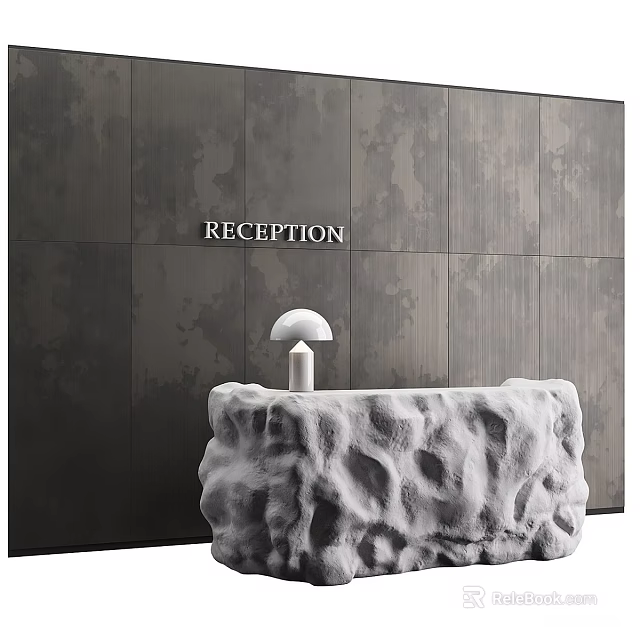 Modern Reception Desk With Textured Stone Surface And White Lamp Against Dark Wall 3d model 