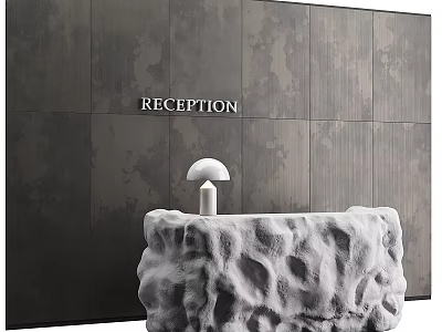Modern Reception Desk With Textured Stone Surface And White Lamp Against Dark Wall 3d model