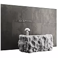 Modern Reception Desk With Textured Stone Surface And White Lamp Against Dark Wall