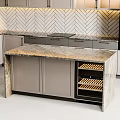 Contemporary Kitchen With Beige Cabinets Chevron Backsplash And Wine Storage
