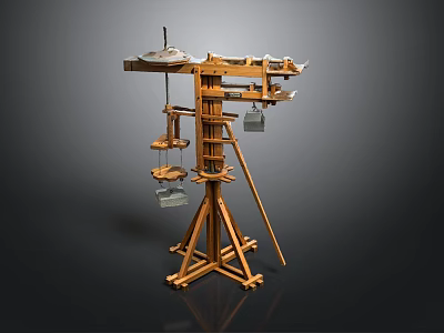 Traditional Wooden Mechanical Equipment With Tripod Base Multi Level Platforms And Suspended Parts 3d model