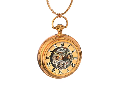 Golden Pocket Watch With Roman Numeral Dial And Visible Mechanical Gears On Chain 3d model