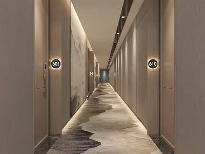 Hotel Corridor With Wavy Carpet Modern Design Room Number Signs And Soft Lighting 3d model