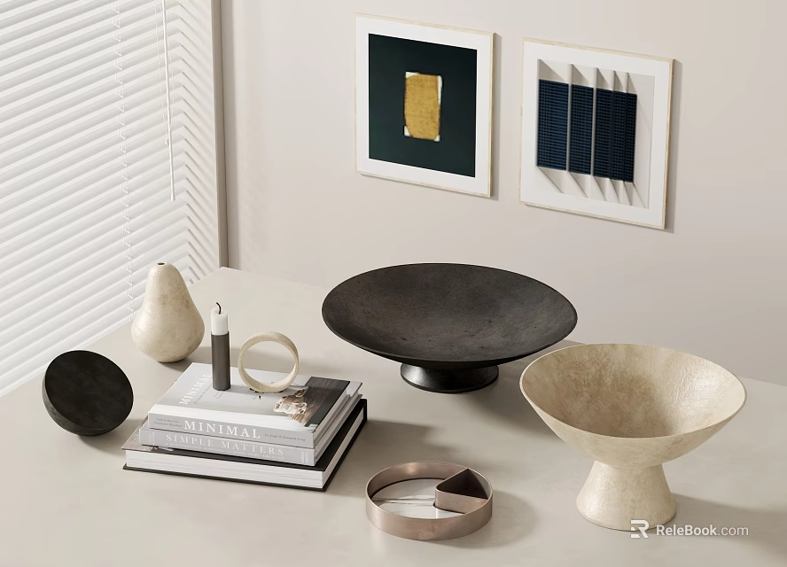 Modern Decorative Ornament Set With Ceramic Bowls Stacked Books And Wall Art Near Window Blinds 3d model 