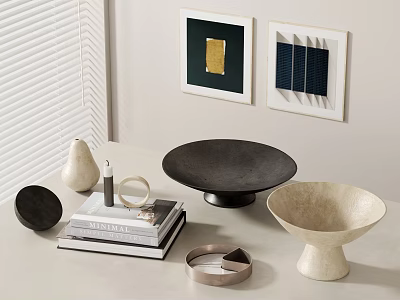 Modern Decorative Ornament Set With Ceramic Bowls Stacked Books And Wall Art Near Window Blinds 3d model