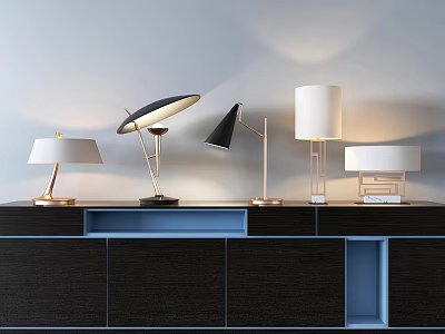 Various Modern Table Lamps On Dark Wooden Cabinet For Home Decor 3d model