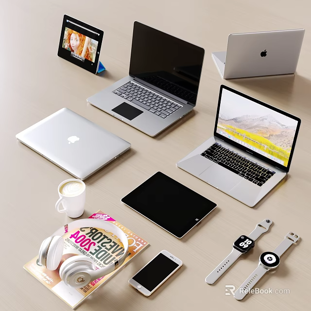 Stylish Silver Laptops With Tablet Smartphone Smartwatch Magazine And Coffee Cup On Desk 3d model 