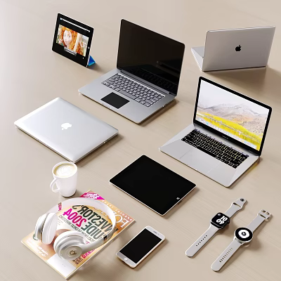 Stylish Silver Laptops With Tablet Smartphone Smartwatch Magazine And Coffee Cup On Desk 3d model
