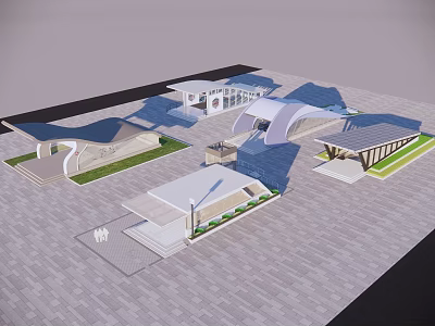 Modern Station Architectural Design With Curved Roofs And Plaza Entrance Area 3d model