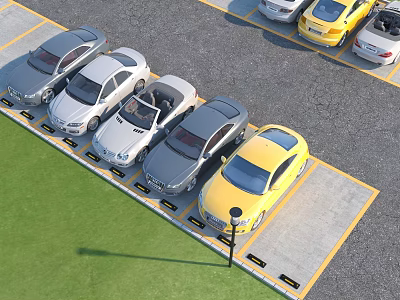 Various Colored Cars Neatly Parked in Outdoor Parking Lot With Green Grass And Yellow Lines 3d model