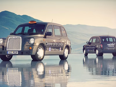 London Black Taxis with Secure in London Branding Mountain View and Water Reflection 3d model