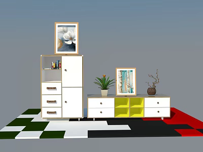 White Storage Cabinet with Drawers Open Compartments and Decorative Items on Checkerboard Floor 3d model