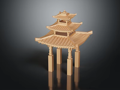 Traditional Wooden Chinese Pavilion Model With Tiered Eaves And Columns Design 3d model