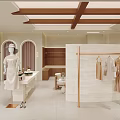 Modern Minimalist Wood Accent Clothing Store Interior With Comfortable Lounge Area And Garment Display Racks