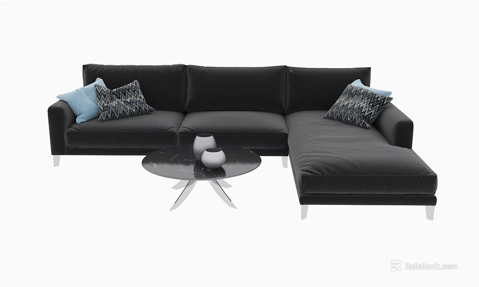 Black L shaped Sectional Sofa with Blue and Patterned Pillows and Round Coffee Table with White Vases 3d model
