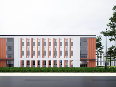 Modern Industrial Factory Building Exterior With Orange White Facade Large Windows And Green Landscaping 3d model