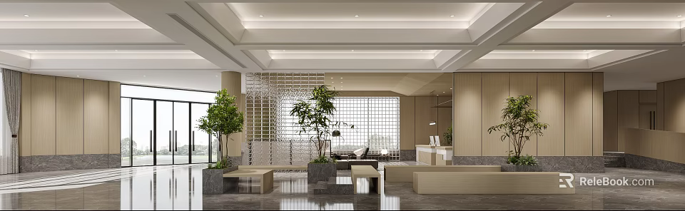 Modern Hotel Lobby Interior With Large Windows Green Plants And Reception Desk 3d model 