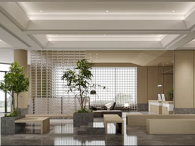 Modern Hotel Lobby Interior With Large Windows Green Plants And Reception Desk 3d model