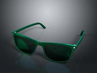 Green Sunglasses With Square Frame Green Lenses And Metal Rivets On Smooth Reflective Surface 3d model