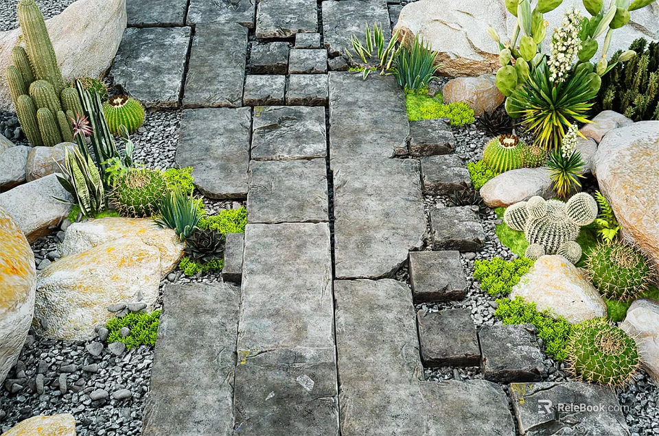 Outdoor Stone Pathway In Garden With Succulents Rocks And Gravel 3d model 