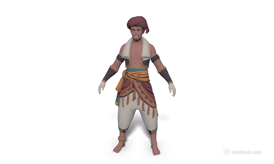 Man In Traditional Outfit With Headscarf Decorative Waist Belt And White Pants 3d model 