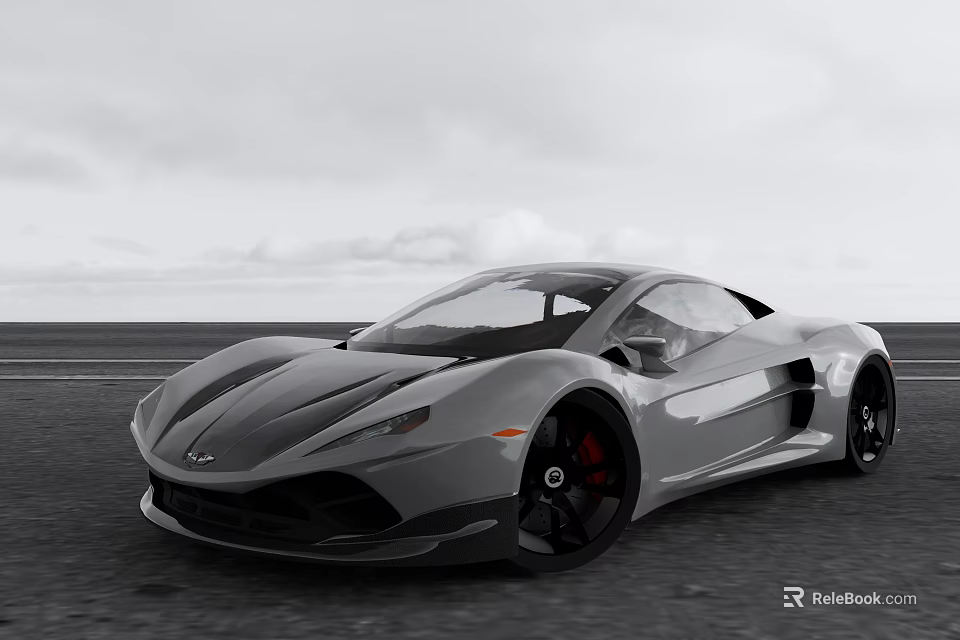 Silver Sports Car Parked On Open Road With Sky And Distant Horizon 3d model 