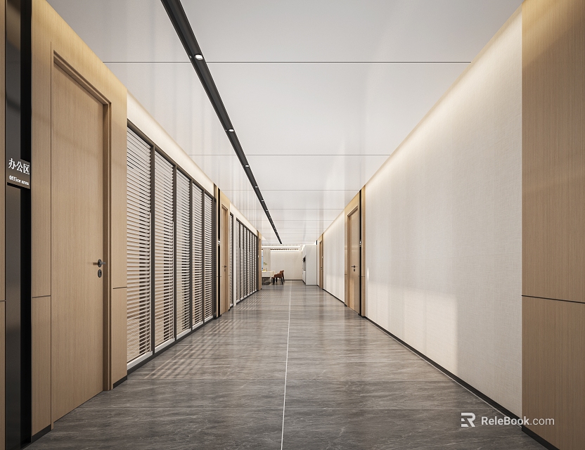 Long Modern Office Corridor With Wooden Doors Blinds Gray Flooring And White Walls 3d model 
