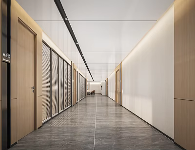 Long Modern Office Corridor With Wooden Doors Blinds Gray Flooring And White Walls 3d model