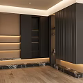 Modern Foyer Hallway With Ambient Lighting Dark Cabinets And Marble Details