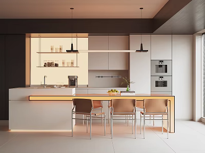 Modern Restaurant Interior Design With Open Layout Island Counter Dining Chairs And Hanging Lights 3d model