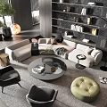Modern Sofa Coffee Table Combination With Round Coffee Table Rugs Floor Lamp And Green Plants