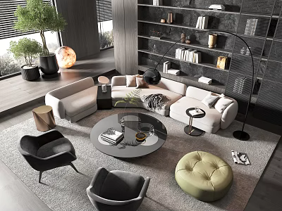 Modern Sofa Coffee Table Combination With Round Coffee Table Rugs Floor Lamp And Green Plants 3d model