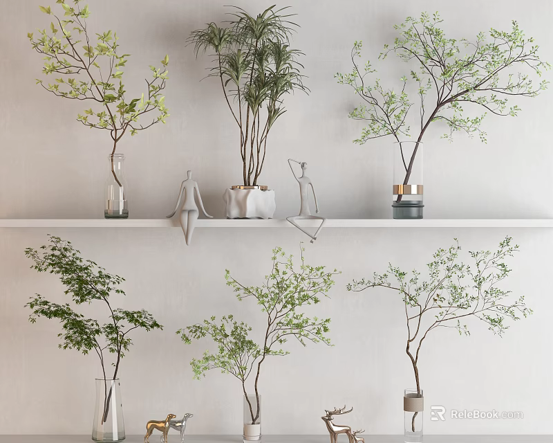 Bonsai Plants With Green Leaves On Interior Shelf For Modern Home Decor 3d model 