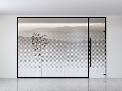 Modern Glass Room Divider Design With Mountain Pattern And Bamboo Plant 3d model
