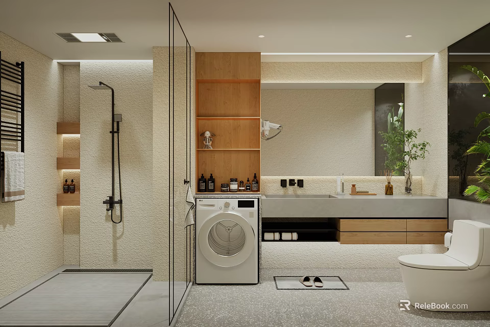 Modern Bathroom Interior Design With Glass Shower Wooden Shelves Vanity And Washing Machine 3d model 