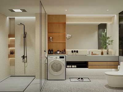 Modern Bathroom Interior Design With Glass Shower Wooden Shelves Vanity And Washing Machine 3d model