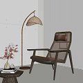 Indoor Scene With Rattan Backrest Chair Curved Pole Floor Lamp And Small Potted Plant