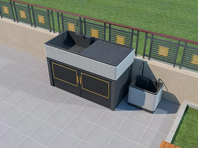 Outdoor Sink Countertop Station With Cabinet Doors And Gold Accent Railing By Grass Lawn 3d model